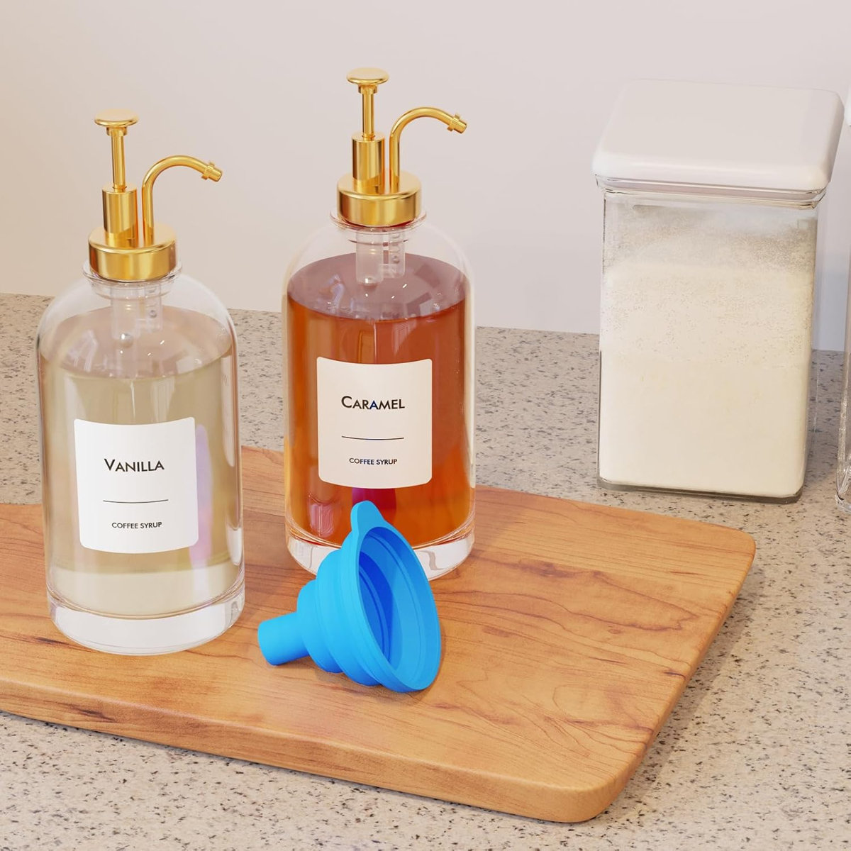 Coffee Syrup Dispenser Set, 4 Pack 16.9 oz Glass Bottles with Pump and Labels for Home Coffee Bar and Cafe